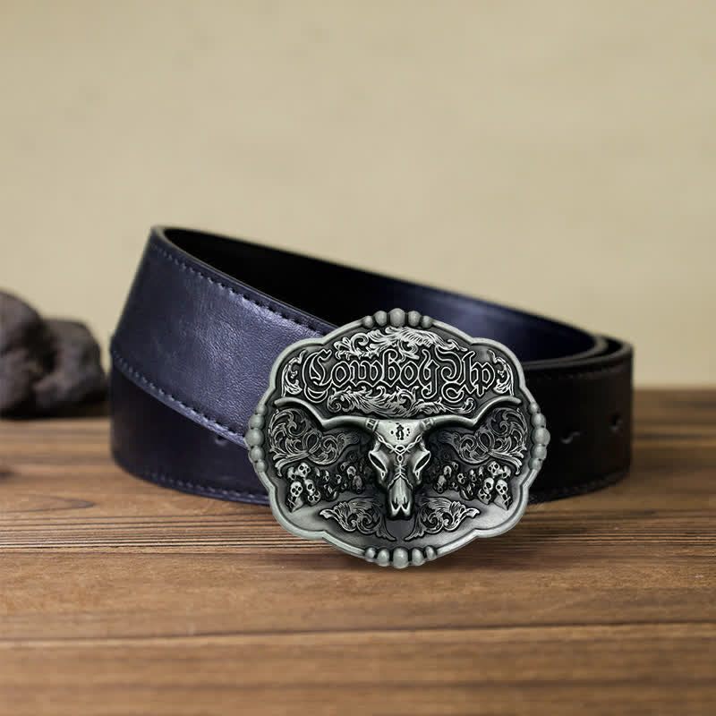Men's DIY Cowboy Gothic Skull Bull Buckle Leather Belt - Image 4