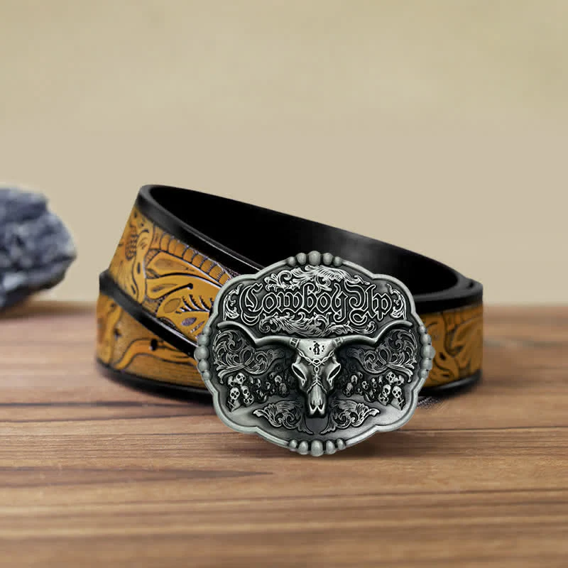 Men's DIY Cowboy Gothic Skull Bull Buckle Leather Belt - Image 9