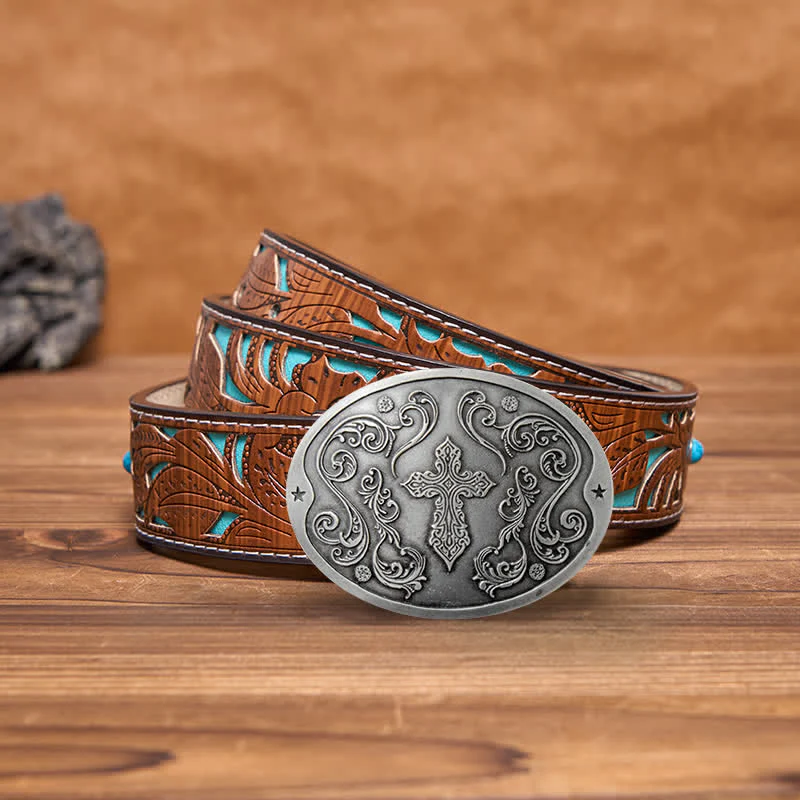 Men's DIY Cross Carving Creative Beer Holder Buckle Leather Belt - Image 10