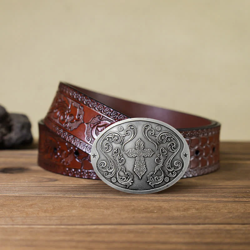 Men's DIY Cross Carving Creative Beer Holder Buckle Leather Belt - Image 13