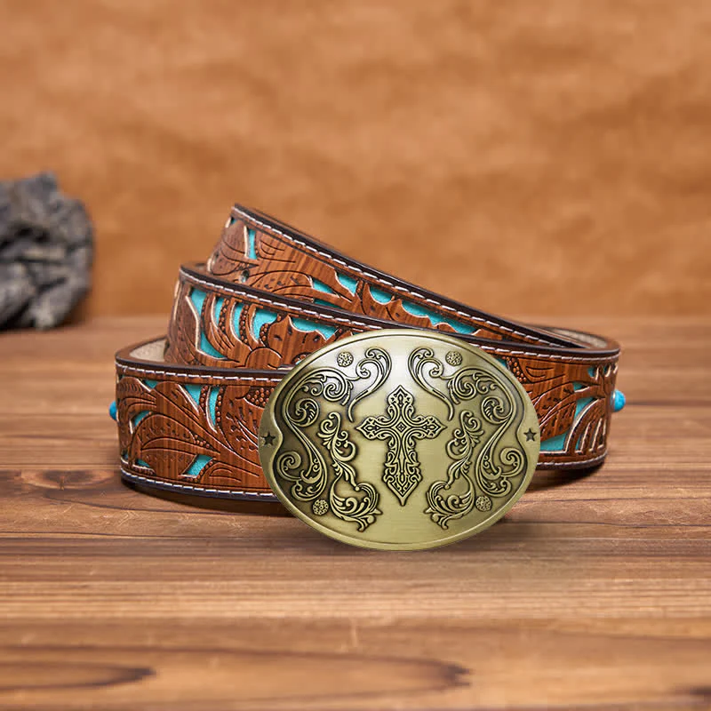 Men's DIY Cross Carving Creative Beer Holder Buckle Leather Belt - Image 16