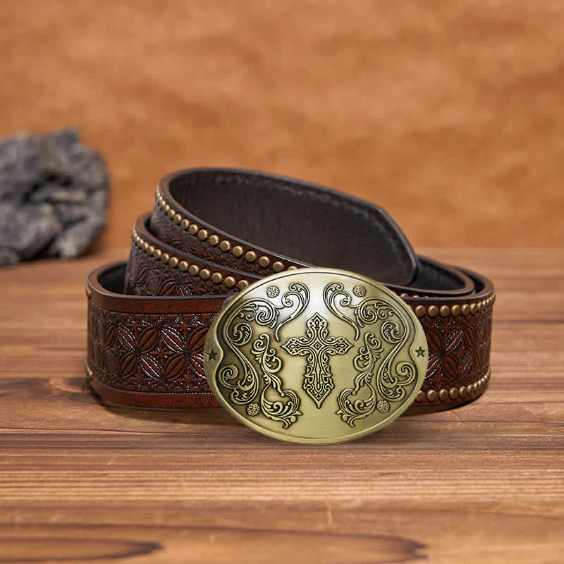 Men's DIY Cross Carving Creative Beer Holder Buckle Leather Belt - Image 17