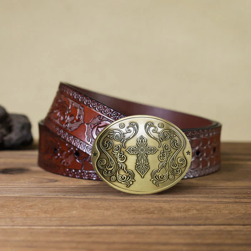 Men's DIY Cross Carving Creative Beer Holder Buckle Leather Belt - Image 19