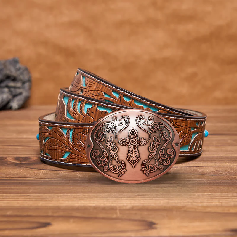 Men's DIY Cross Carving Creative Beer Holder Buckle Leather Belt - Image 22