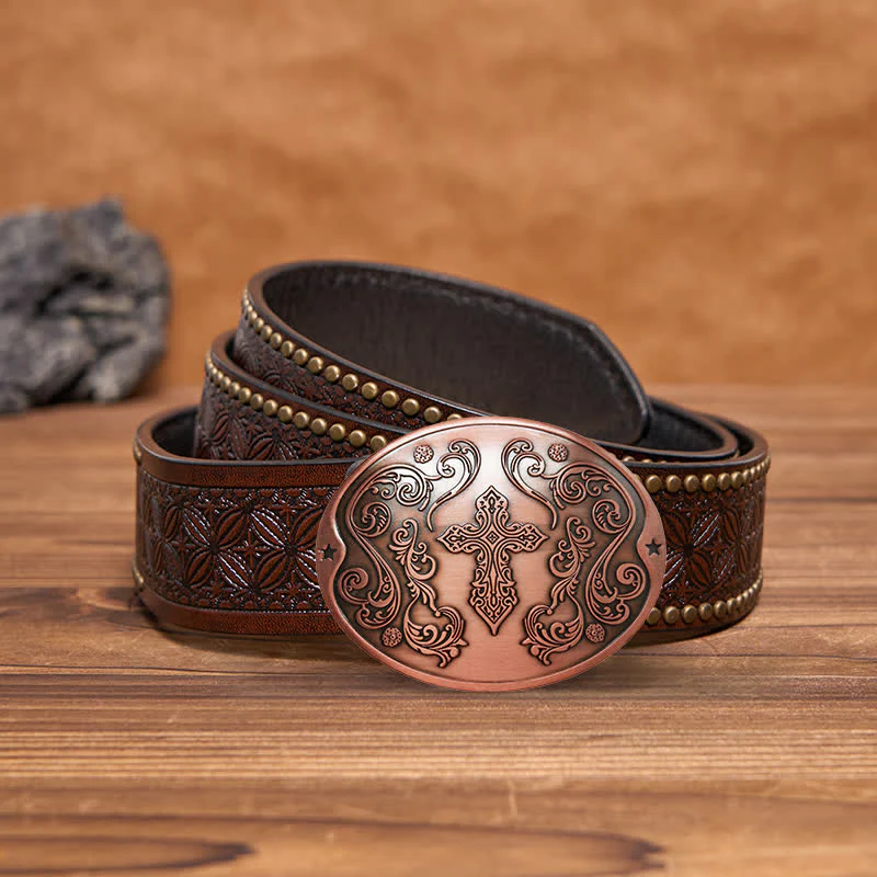 Men's DIY Cross Carving Creative Beer Holder Buckle Leather Belt - Image 23
