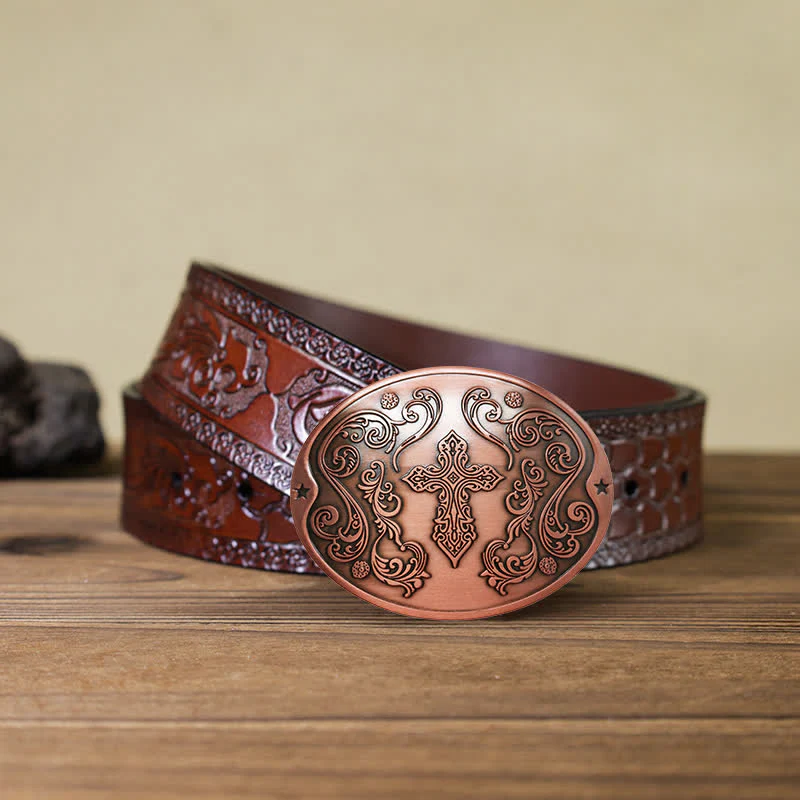 Men's DIY Cross Carving Creative Beer Holder Buckle Leather Belt - Image 25