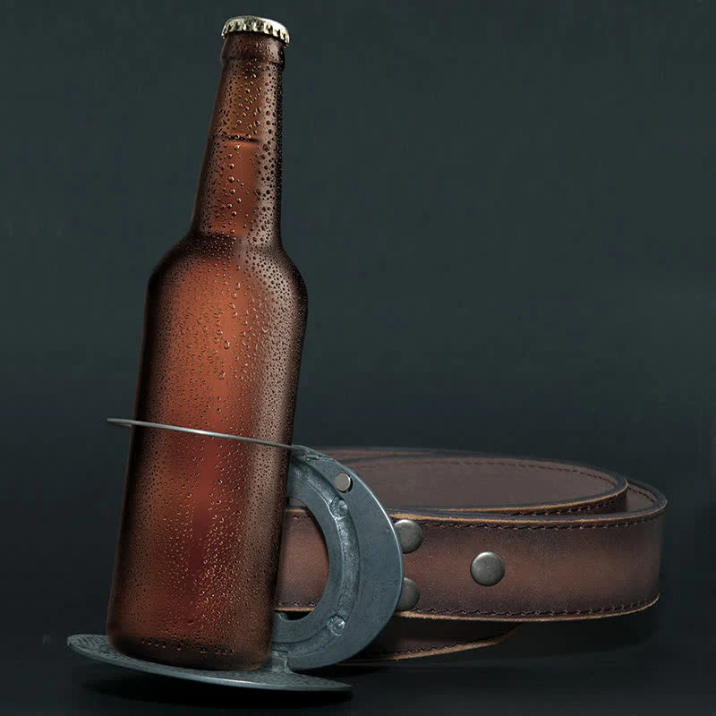 Men's DIY Cross Carving Creative Beer Holder Buckle Leather Belt - Image 5