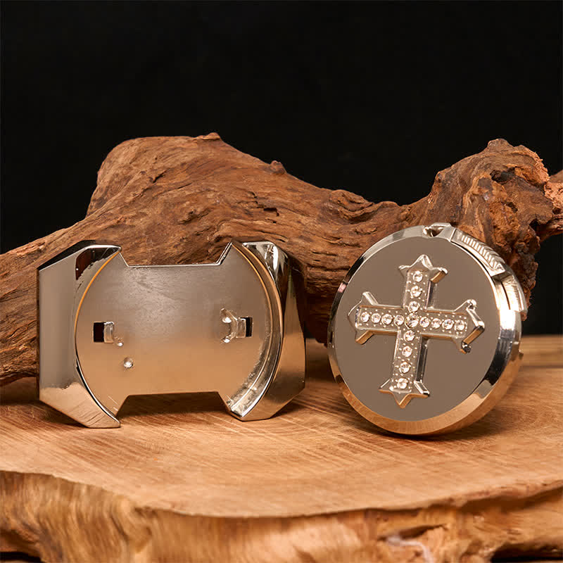 Men's DIY Cross Rhinestone Bronze Leather Belt with Hidden Lighter - Image 2