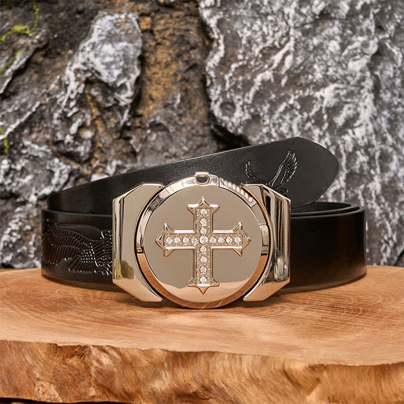 Men's DIY Cross Rhinestone Bronze Leather Belt with Hidden Lighter - Image 5