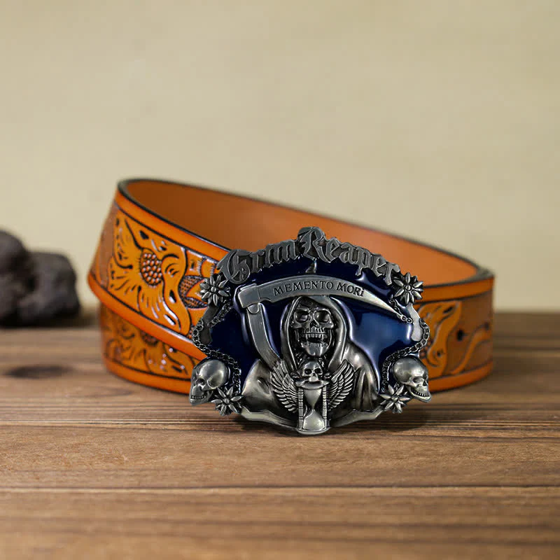 Men's DIY Death Sickle Skull Buckle Leather Belt - Image 16