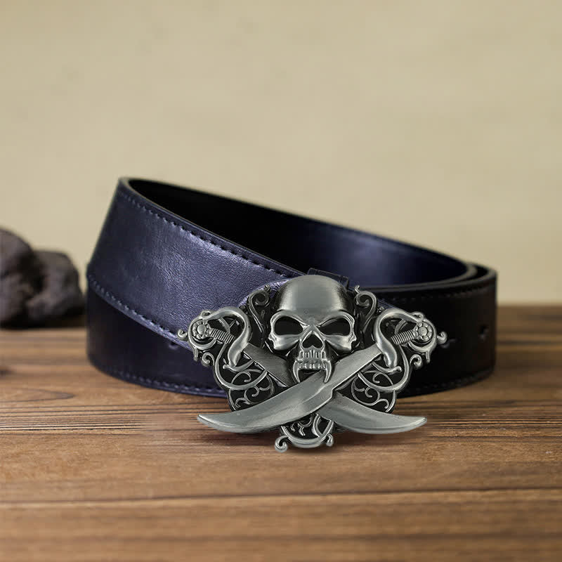 Men's DIY Double Swords Skull Ghost Buckle Leather Belt - Image 5