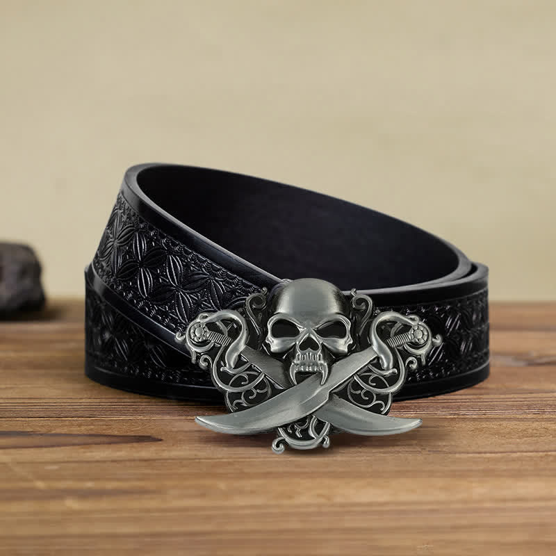 Men's DIY Double Swords Skull Ghost Buckle Leather Belt - Image 7