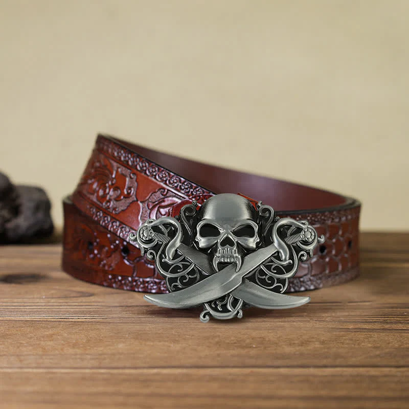 Men's DIY Double Swords Skull Ghost Buckle Leather Belt - Image 9