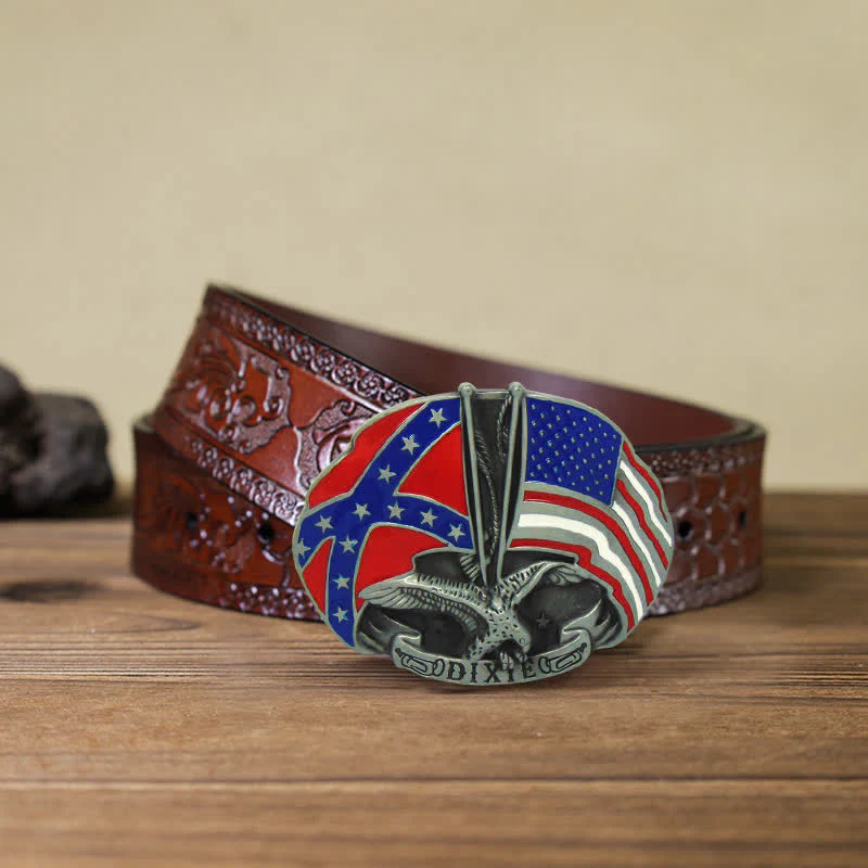 Men's DIY Eagle Double Flags Dixie Buckle Leather Belt - Image 10