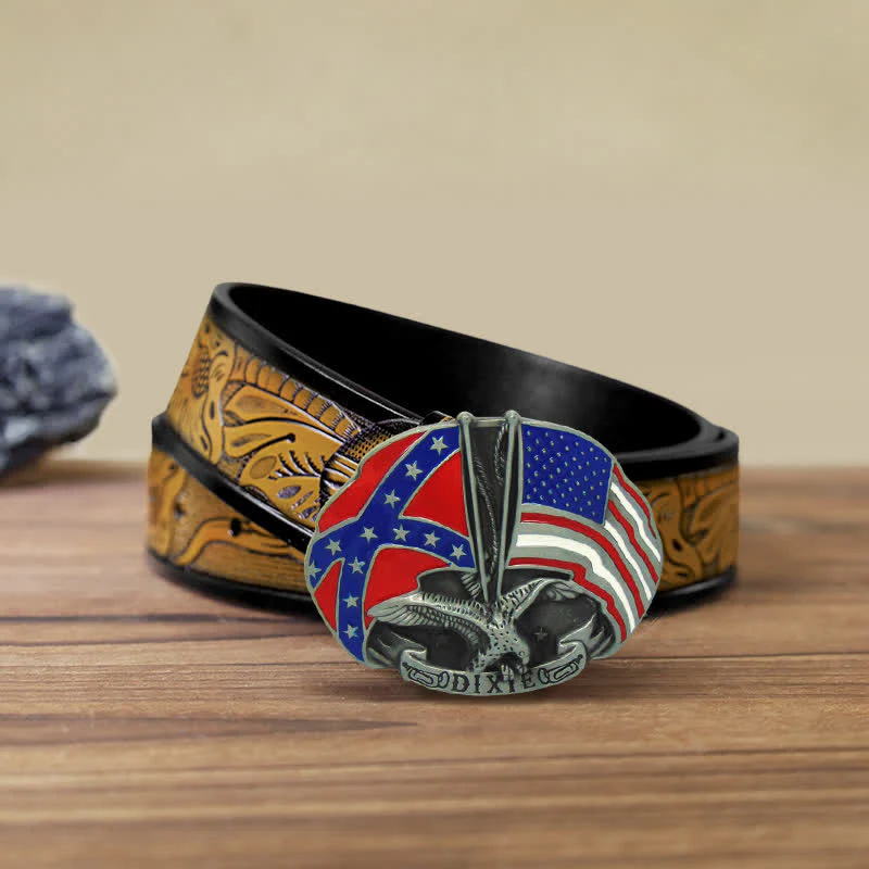 Men's DIY Eagle Double Flags Dixie Buckle Leather Belt - Image 11