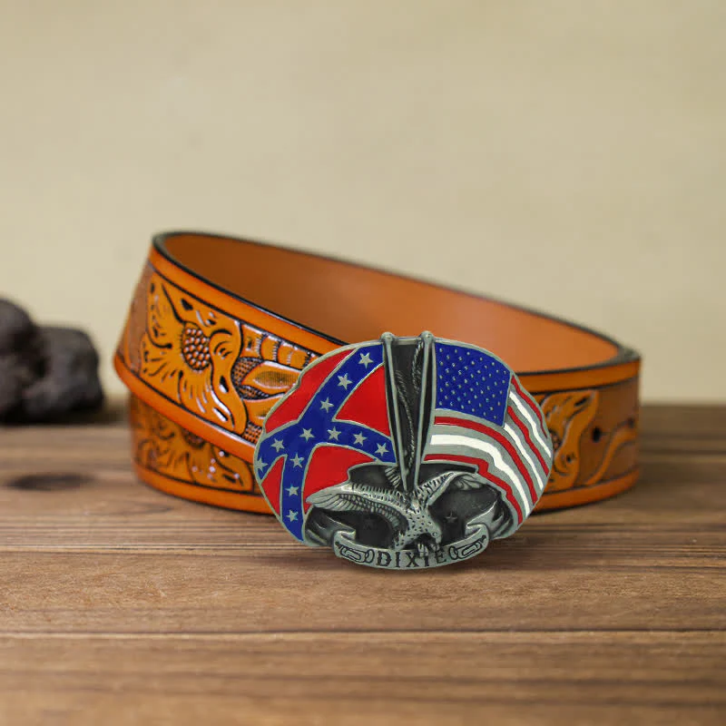 Men's DIY Eagle Double Flags Dixie Buckle Leather Belt - Image 12