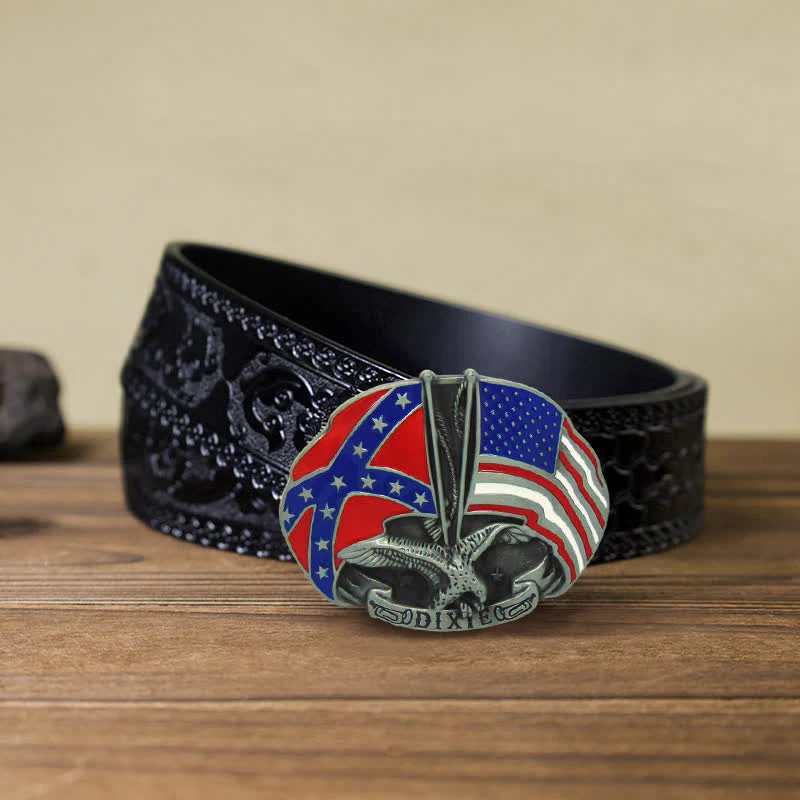 Men's DIY Eagle Double Flags Dixie Buckle Leather Belt - Image 9