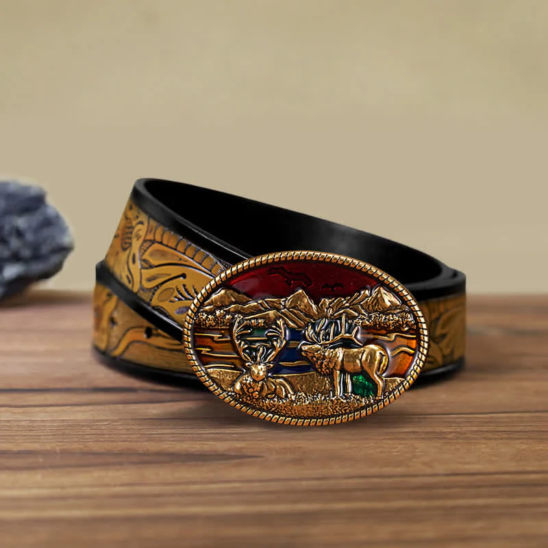 Men's DIY Enamel Wild Deer Buckle Leather Belt - Image 7