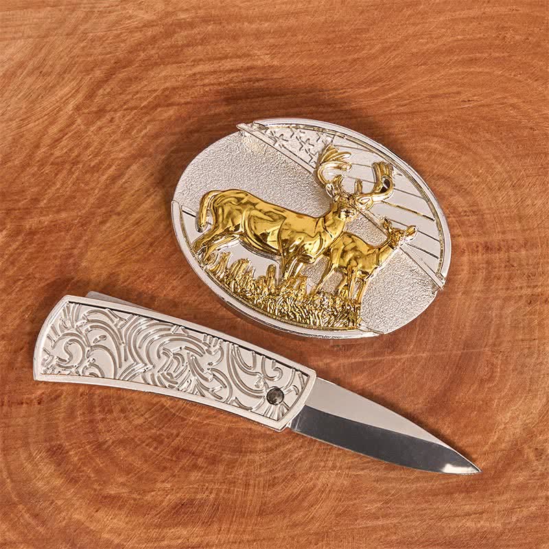 Men's DIY Gold & Silver Deers Hidden Folding Knife Leather Belt - Image 2