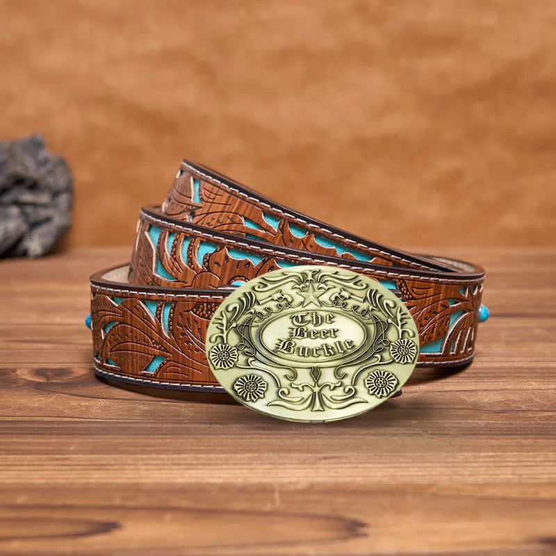 Men's DIY Engrave Flower Creative Beer Holder Buckle Leather Belt - Image 16