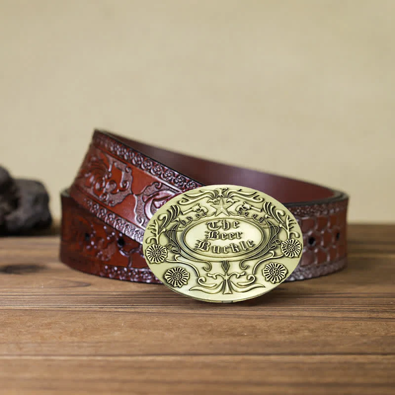 Men's DIY Engrave Flower Creative Beer Holder Buckle Leather Belt - Image 19