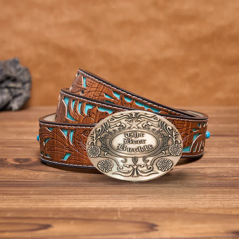 Men's DIY Engrave Flower Creative Beer Holder Buckle Leather Belt - Image 22