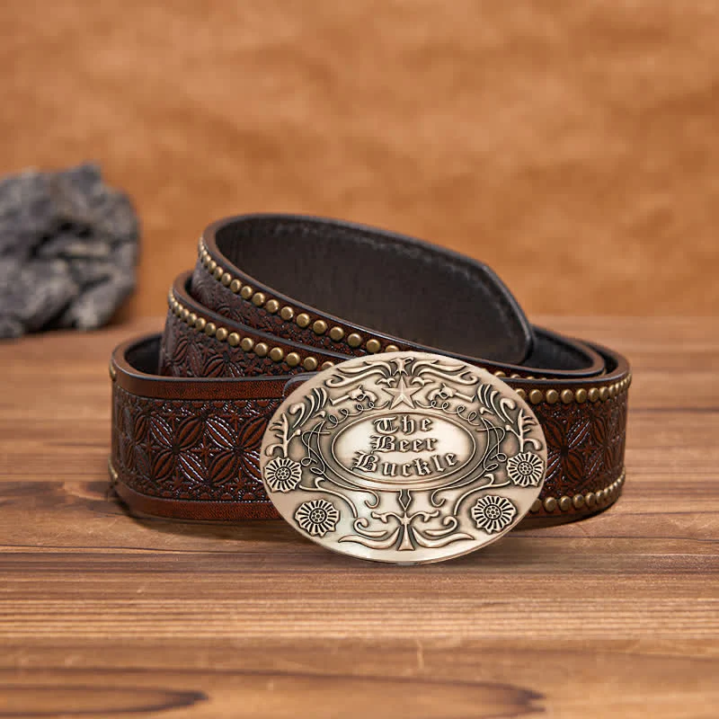 Men's DIY Engrave Flower Creative Beer Holder Buckle Leather Belt - Image 23
