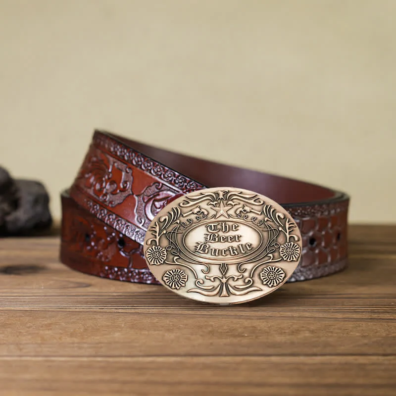 Men's DIY Engrave Flower Creative Beer Holder Buckle Leather Belt - Image 25