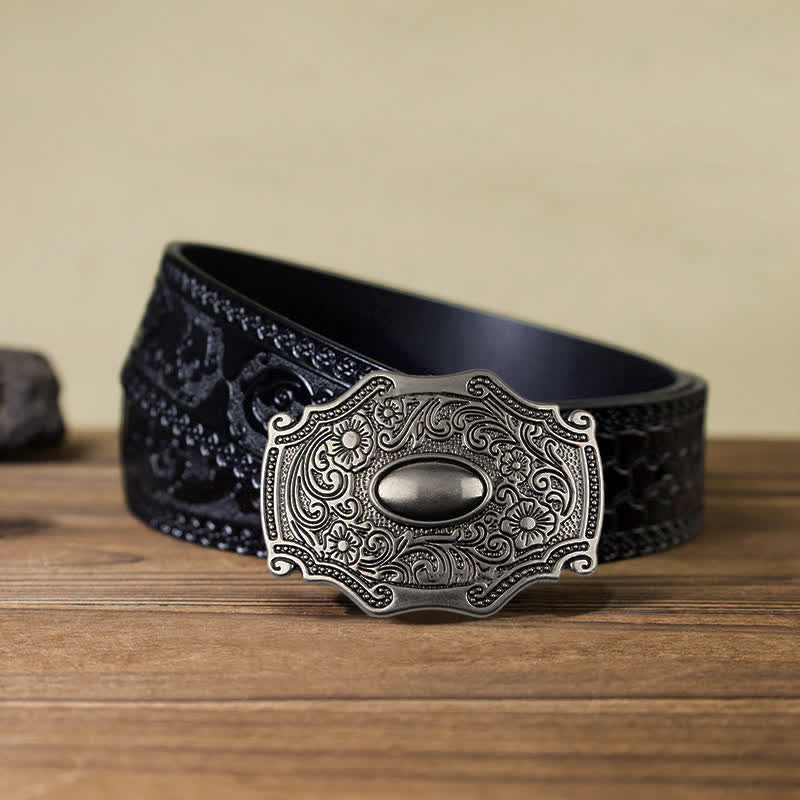 Men's DIY Engraved Floral Decor Buckle Leather Belt - Image 9