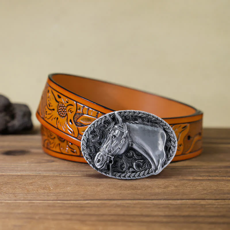 Men's DIY Engraved Horse Head Buckle Leather Belt - Image 26