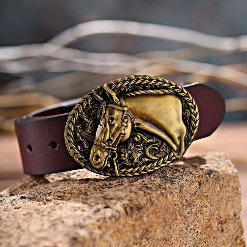 Men's DIY Engraved Horse Head Buckle Leather Belt - Image 3