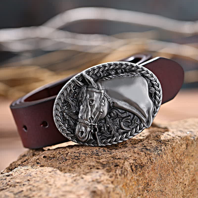 Men's DIY Engraved Horse Head Buckle Leather Belt - Image 6