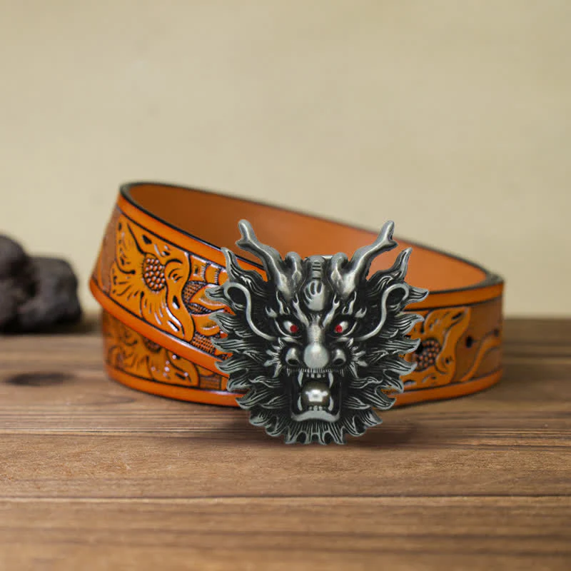 Men's DIY Fiery Dragon White Pearl Buckle Leather Belt - Image 12