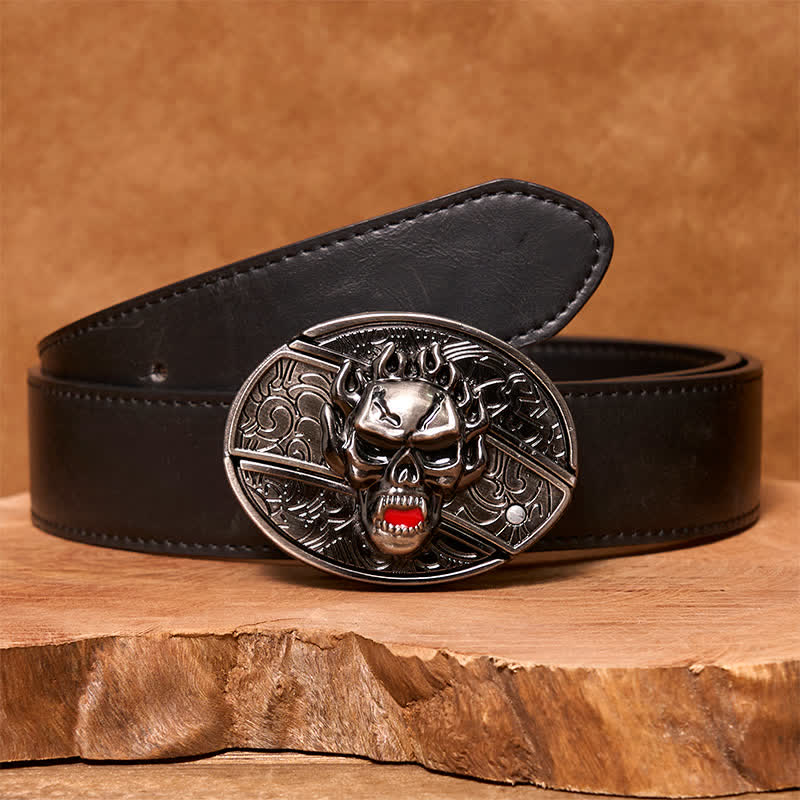 Men's DIY Flame Skull Hidden Folding Knife Leather Belt - Image 5