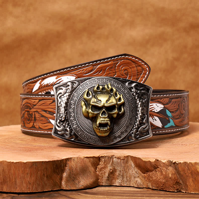 Men's DIY Flame Skull Hidden Folding Knife Leather Belt - Image 11