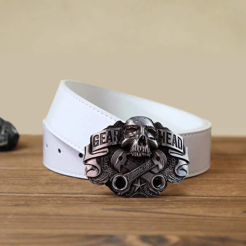 Men's DIY Gear Head Piston Skull Buckle Leather Belt - Image 6