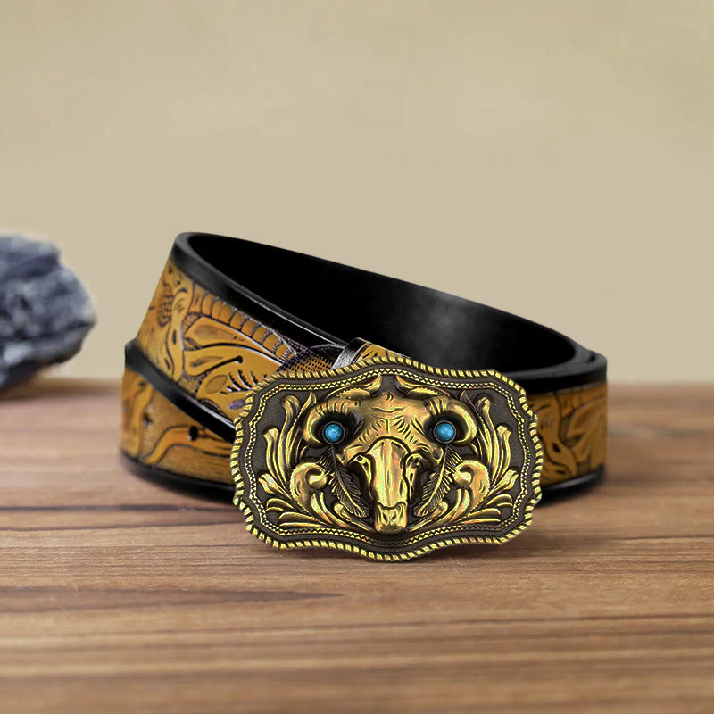 Men's DIY Goat Skull Turquoise Buckle Leather Belt - Image 16