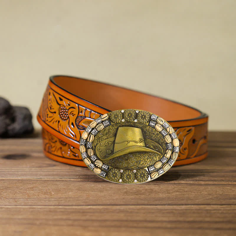 Men's DIY Gold Cowboy Hat Beads Decor Buckle Leather Belt - Image 10
