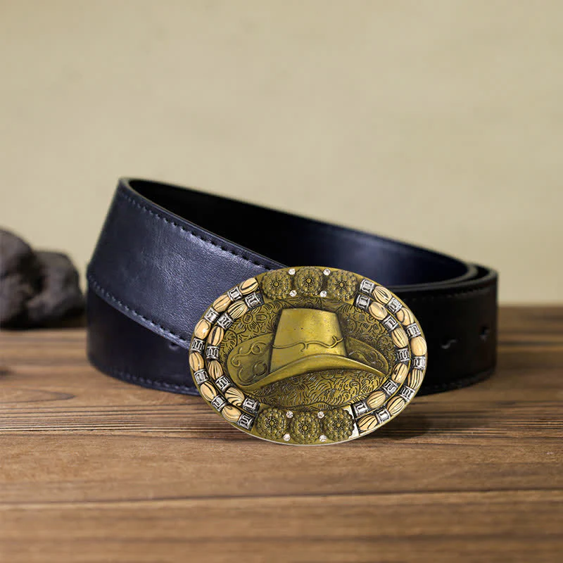 Men's DIY Gold Cowboy Hat Beads Decor Buckle Leather Belt - Image 4