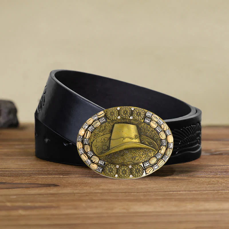 Men's DIY Gold Cowboy Hat Beads Decor Buckle Leather Belt - Image 5