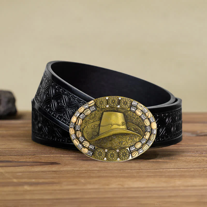 Men's DIY Gold Cowboy Hat Beads Decor Buckle Leather Belt - Image 6
