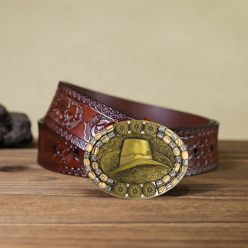 Men's DIY Gold Cowboy Hat Beads Decor Buckle Leather Belt - Image 8