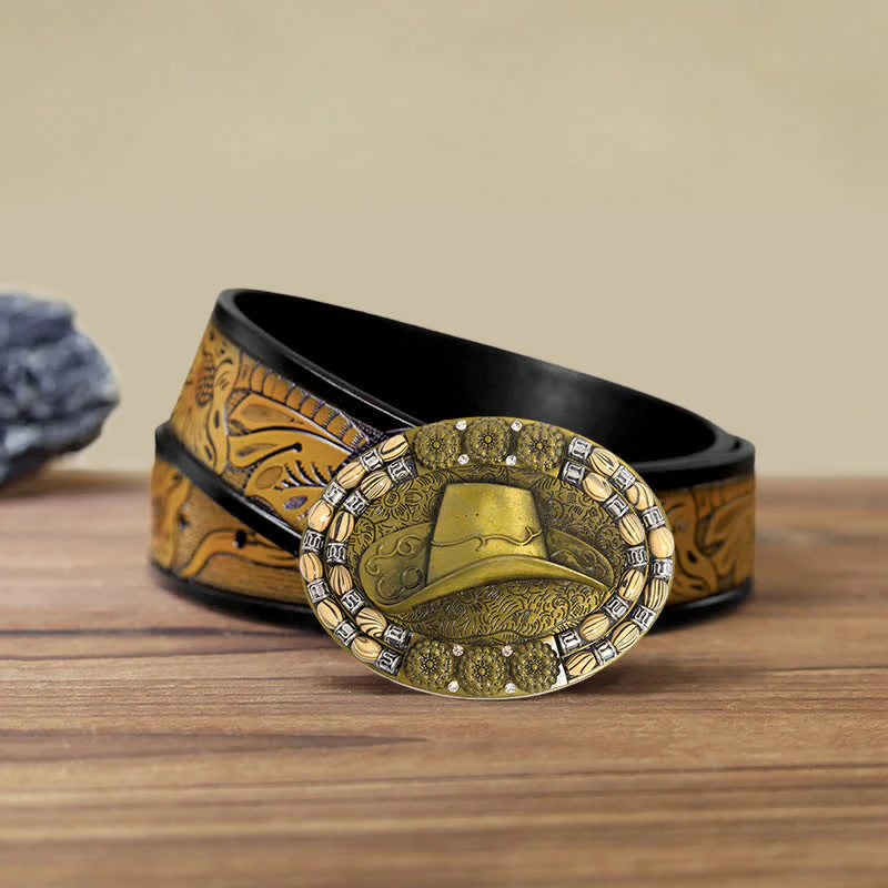 Men's DIY Gold Cowboy Hat Beads Decor Buckle Leather Belt - Image 9