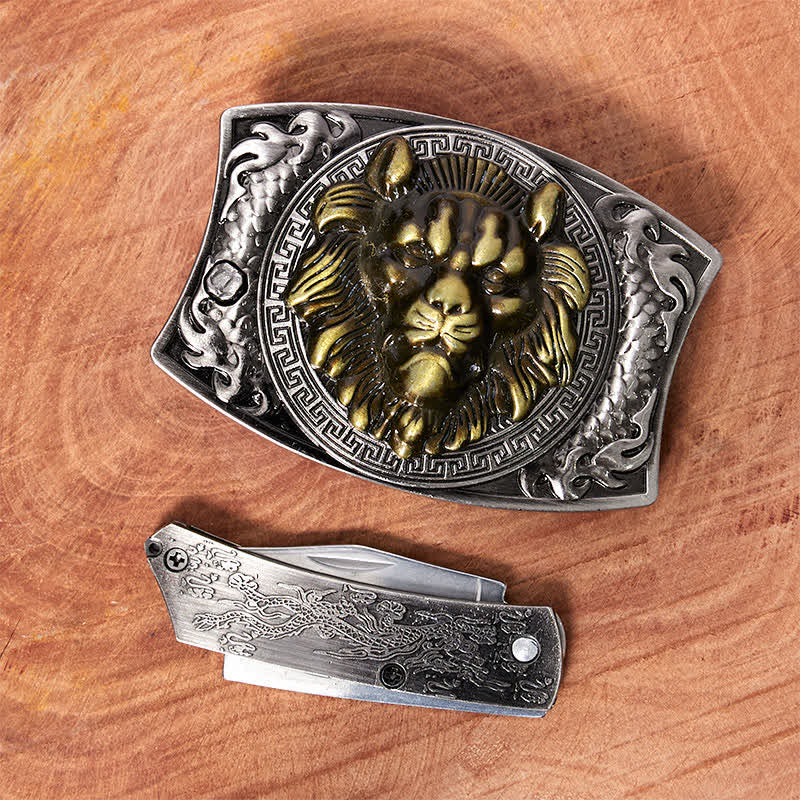 Men's DIY Gold Lion Hidden Folding Knife Leather Belt - Image 3