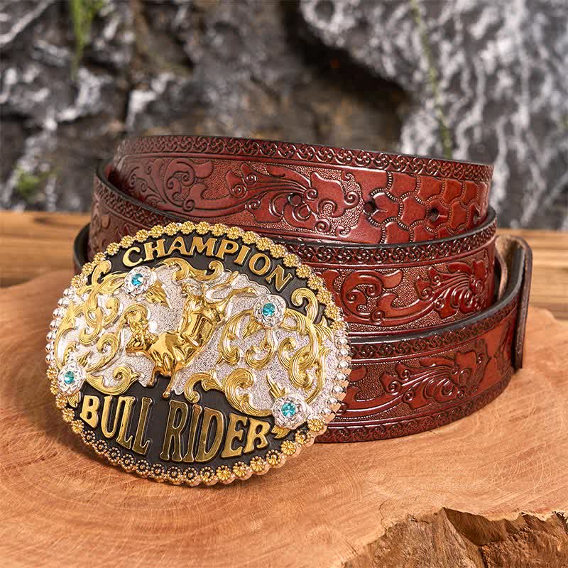 Men's DIY Shiny Golden Bull Rider Large Buckle Leather Belt - Image 5