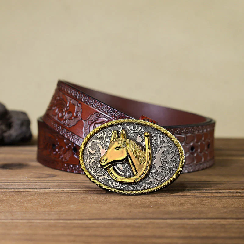 Men's DIY Golden Horseshoe Buckle Leather Belt - Image 11