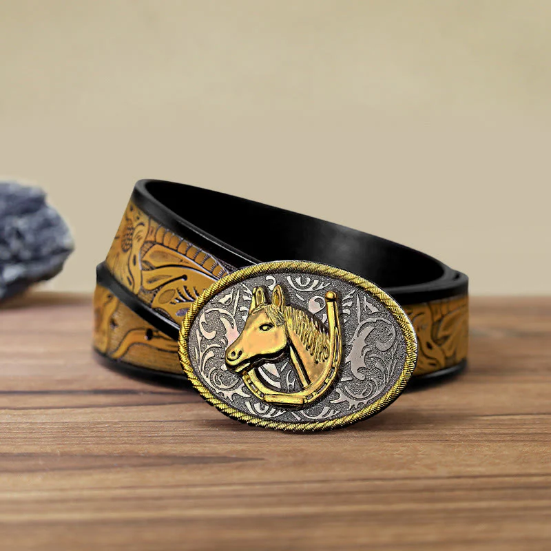 Men's DIY Golden Horseshoe Buckle Leather Belt - Image 12