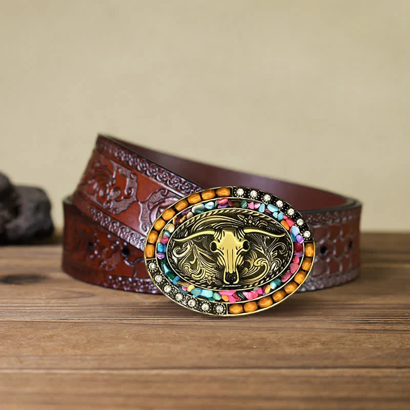Men's DIY Good Luck Bull Wood Beads Buckle Leather Belt - Image 7