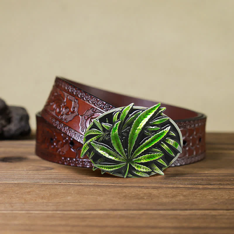 Men's DIY Green Maple Plant Buckle Leather Belt - Image 6