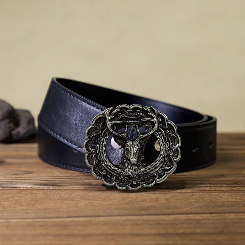 Men's DIY Hollow 3D Elk Antler Buckle Leather Belt - Image 5